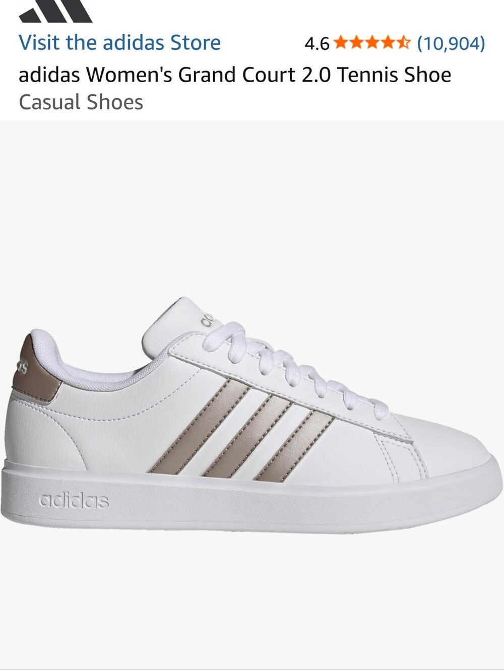 adidas Women's Grand Court 2.0 Sneakers - White with Metallic Taupe Stripes